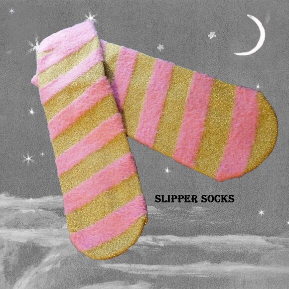 Pink & Gold Slipper Socks, NWOT, Warm Fuzzy Sox with Metallic Gold - Picture 1 of 7
